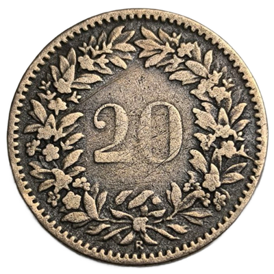 Монета 20 раппенов 1859 год Швейцария