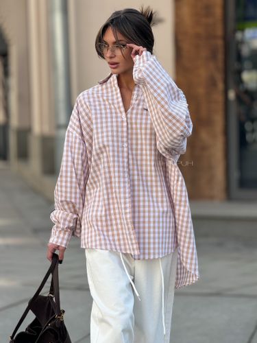 Бежевая хлопковая оверсайз рубашка в клетку