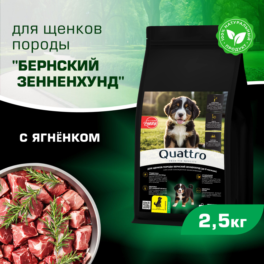 Корм сухой для щенков породы Бернский зенненхунд, премиум полнорационный комплекс, с ягненком, 2,5 кг, QUATTRO