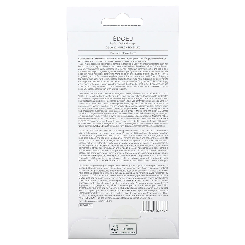 Edgeu, Гелевые обертывания для ногтей Perfect, ENA 442 Mirror Sky Blue, набор из 19 предметов
