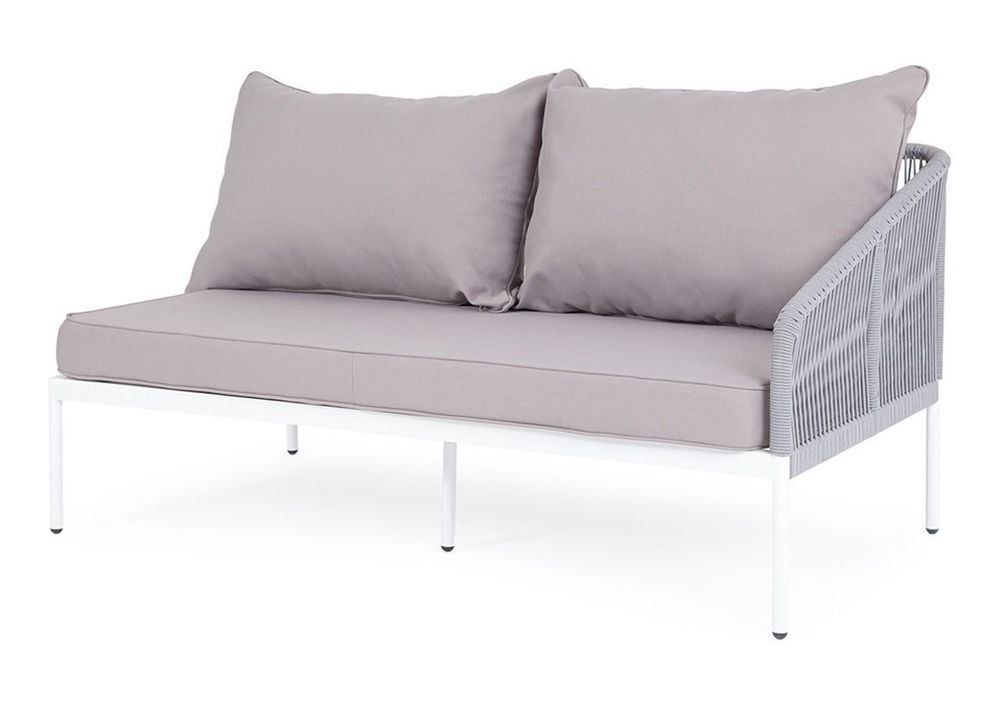 "Канны" левый модуль плетеный из роупа, каркас алюминий белый шагрень, роуп светло-серый круглый, ткань светло-серая