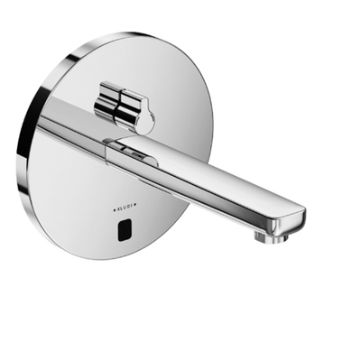 KLUDI ZENTA электронный смеситель для умывальника, настен. монтаж, питание от сети 240В или батарейки, дл.излива 190 мм, рычаг изменения температуры, круглый отражатель