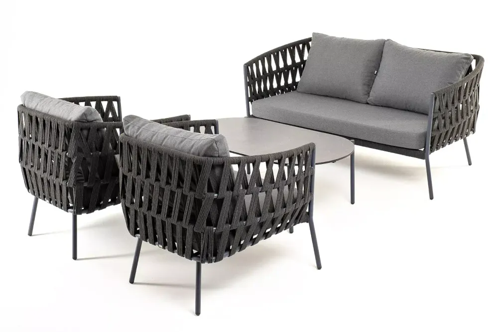 "Диего" лаунж-зона 4-местная плетеная из роупа (веревки), каркас алюминиевый темно-серый, роуп темно-серый