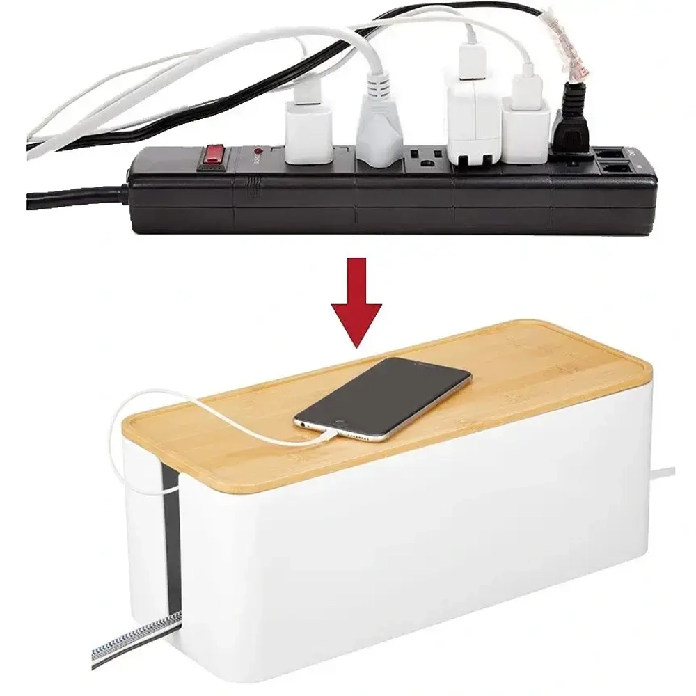 Органайзер для проводов с бамбуковой крышкой «ДОМАНИЯ», цвет белый, для удлинителей на 5 розеток, 32*13*13,5см