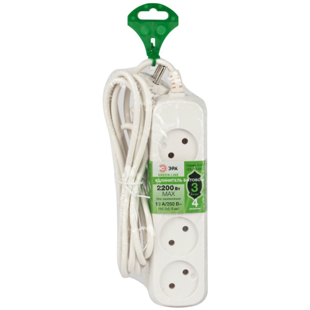 Удлинитель электрический ЭРА UDL-10-430 Greenline 4 розетки без заземления 3м ПВС 2x0.75мм2 | Бытовые удлинители
