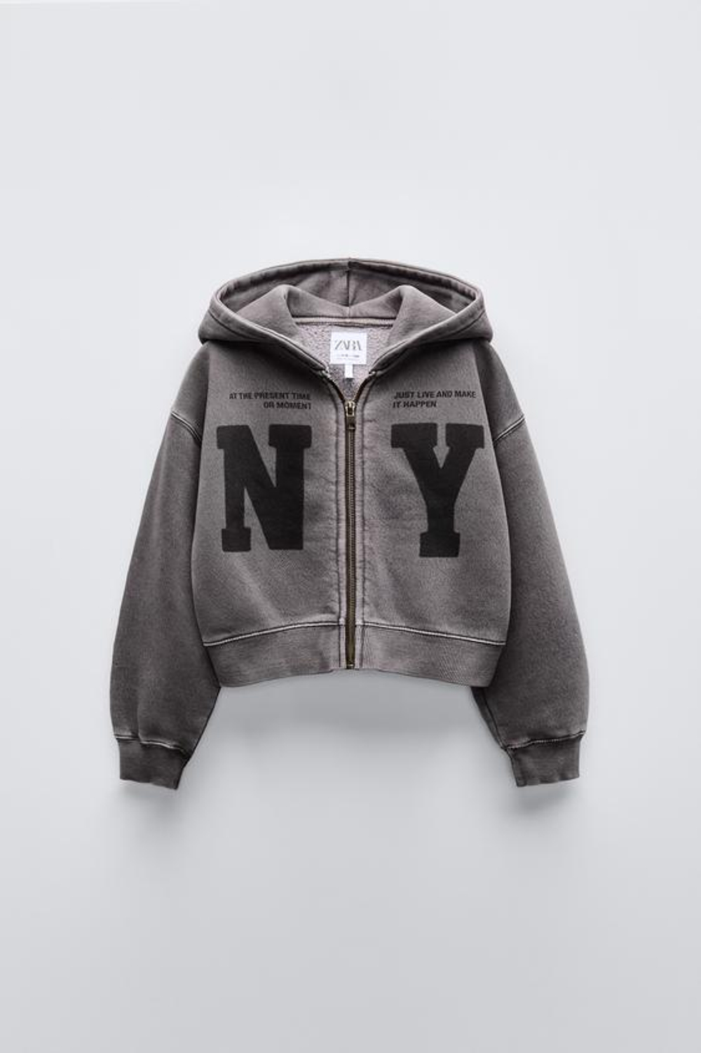 ZARA ХУДИ С ЭФФЕКТОМ ПОТЕРТОСТИ И НАДПИСЬЮ, АНТРАЦИТОВО-СЕРЫЙ