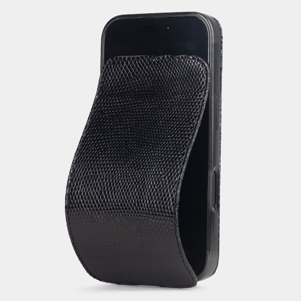 Чехол для iPhone 16 Pro кожаный, ящерица черного цвета