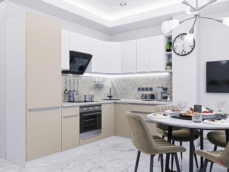 Угловая модульная кухня Фьюжн-04 Cream Silk/Silky White - Белый 2140*2500/1800*600