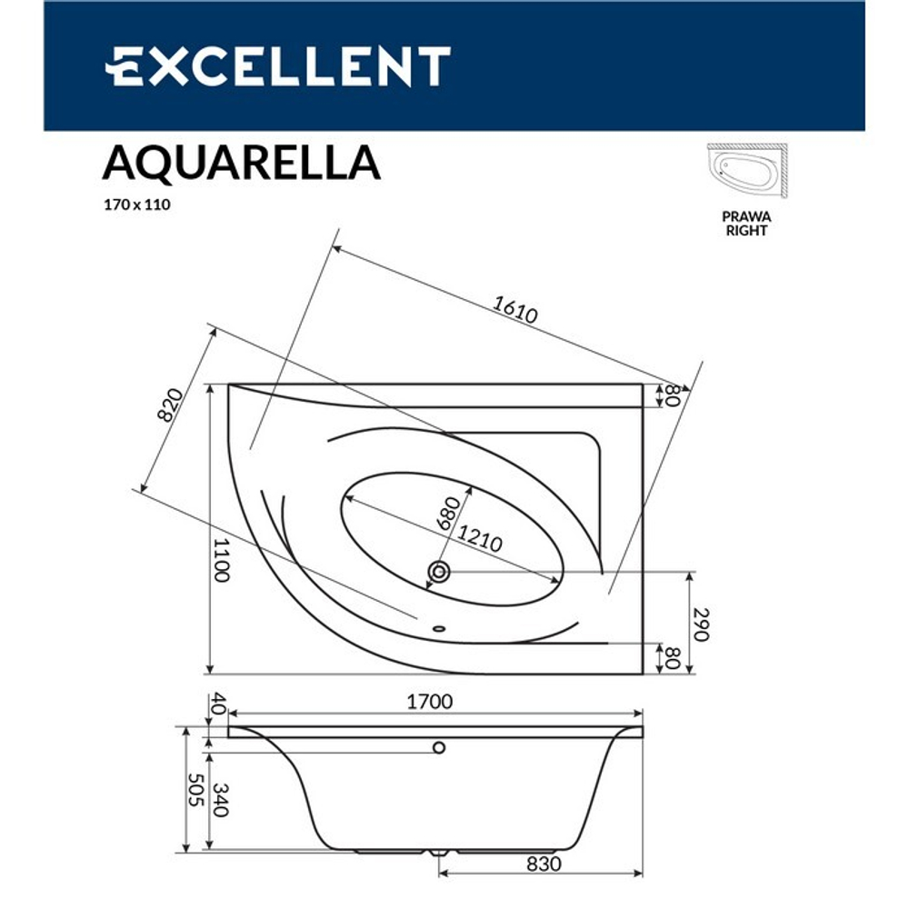 Акриловая ванна Excellent Aquarella 170x110 прав. WAEX.ARP17WH