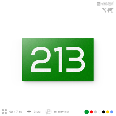 Номер на дверь 213, табличка на дверь для офиса, квартиры, кабинета, аудитории, склада, зеленая 120х70 мм, Айдентика Технолоджи