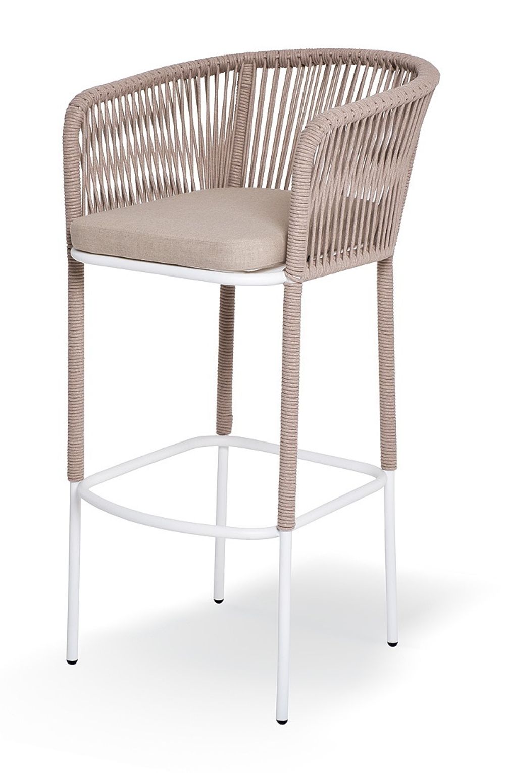 "Марсель" стул барный плетеный из роупа, каркас из стали светло-серый (RAL7035) муар, роуп бежевый круглый, ткань Mossle бежевая, пос.H65