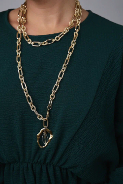 Цепь-трансформер длинная: овальные и рифленые золотые кольца, с горным хрусталем