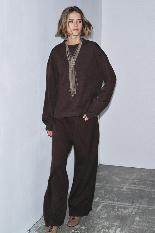 ZARA ШИРОКИЕ БРЮКИ ИЗ МЯГКОЙ ТКАНИ, ШОКОЛАДНЫЙ