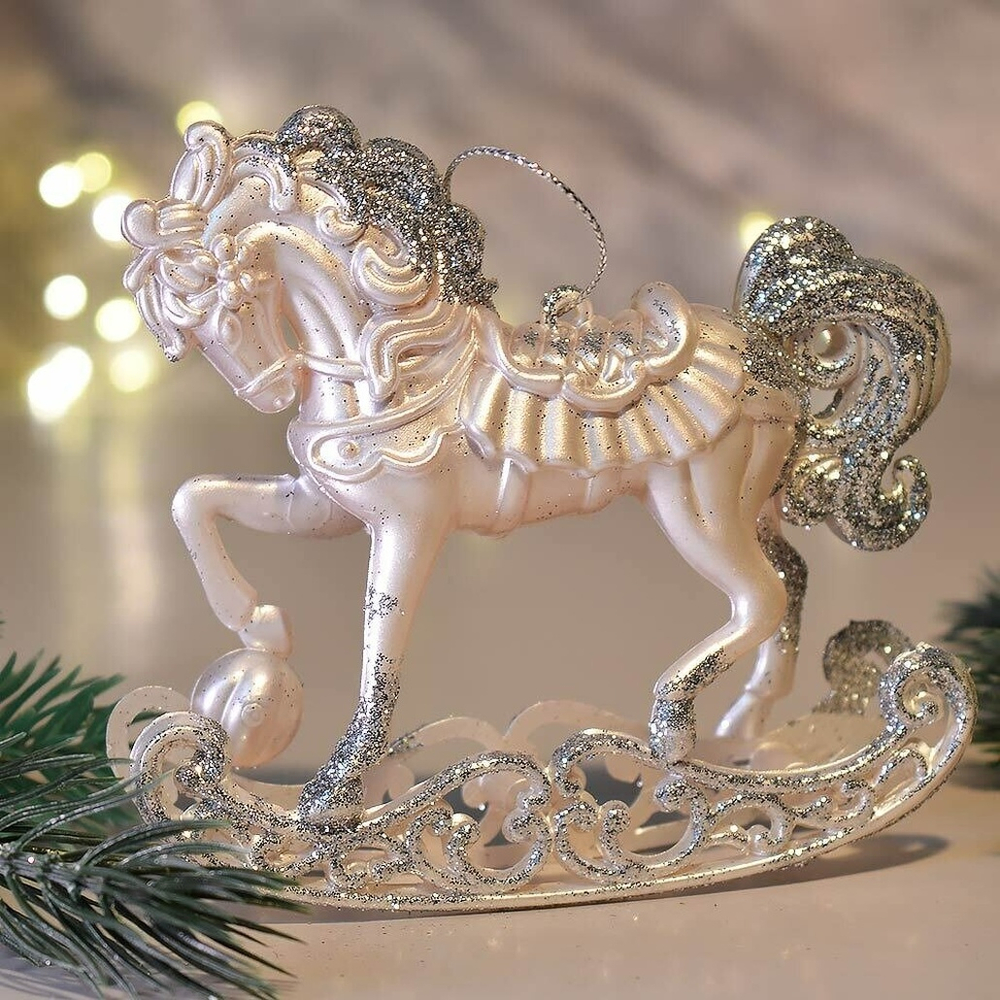 Подвеска "Морозная лошадка" 10*10см, белый/серебро