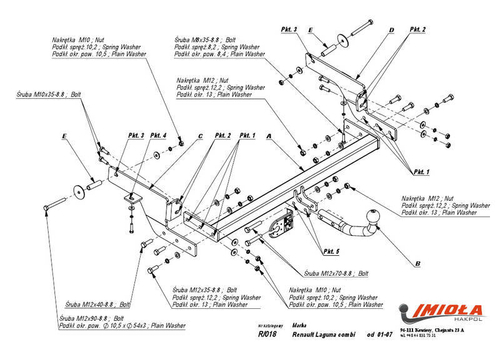 Фаркоп IMIOLA R.018 Renault Laguna универсал 2001-2007(паспорт и сертификат в комплекте)(без электрики)