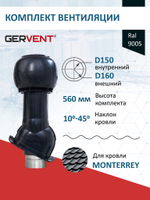 Комплект вентиляции: Вентиляционный выход изолированный Ø 150/160 мм высота H-500 серия Static, проходной элемент для металлочерепицы Monterrey серия Static, дефлектор статический (колпак) D 160 мм серии Static, серый Gervent