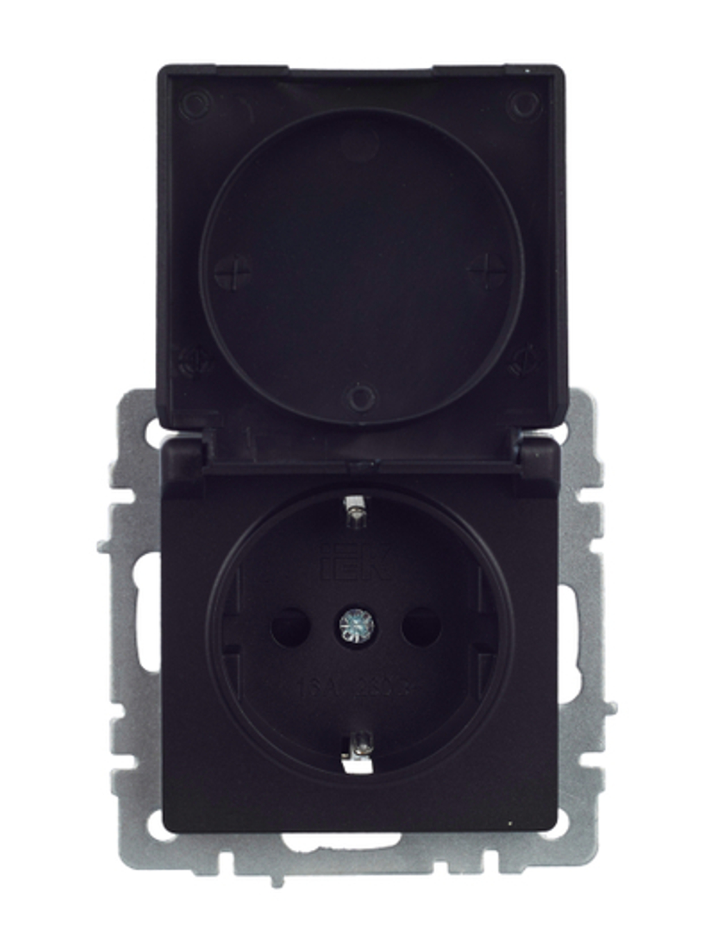 BRITE Розетка 1-местная с заземлением с защитными шторками и крышкой 16А IP44 РСбш10-3-44-БрЧ черный IEK