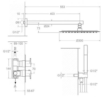 Встраиваемый термостатический смеситель для душа с тропическим и ручным душем ALEXIA K3687012