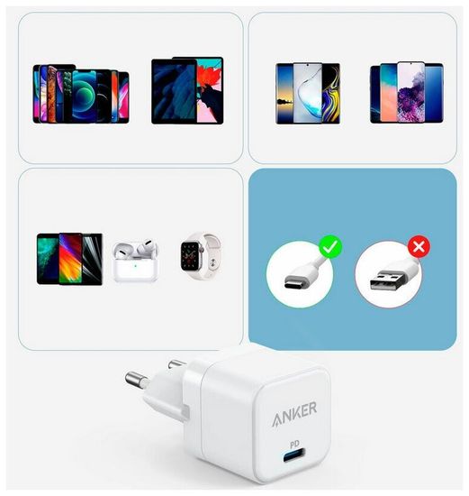 Адаптер питания Anker PPort III Cube 20W B2149 с кабелем USB-C - lightning белого цвета