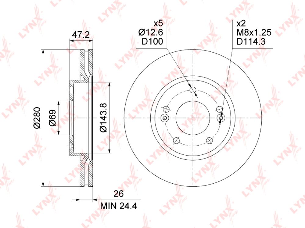 Диск тормозной передний Hyundai i30 Kia Ceed I до 2012 г. (280x26) (LYNXauto)