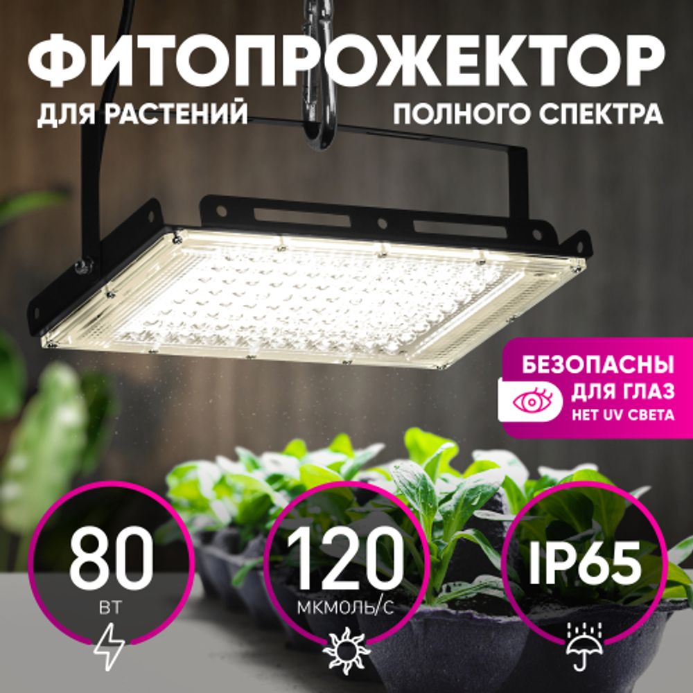 Фитопрожектор для растений светодиодный ЭРА FITO-80W-Ra90-LED-Y полного спектра | Фито прожекторы