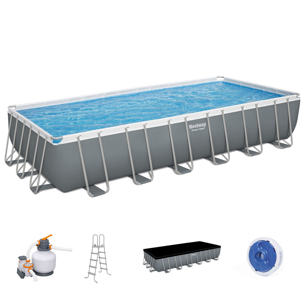 Каркасный прямоугольный бассейн Bestway 732х366х132 см + песочный ф/насос 5678 л/ч, тент, лестница (56475 BW)