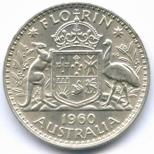 1 флорин (2 шиллинга) 1960. Австралия. Серебро, диаметр 28.5 мм XF