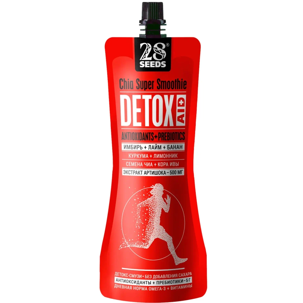 Супер-смузи ЧИА ДЕТОКС «Имбирь + Лайм + Банан» 250 мл 28SEEDS — вид спереди упаковки