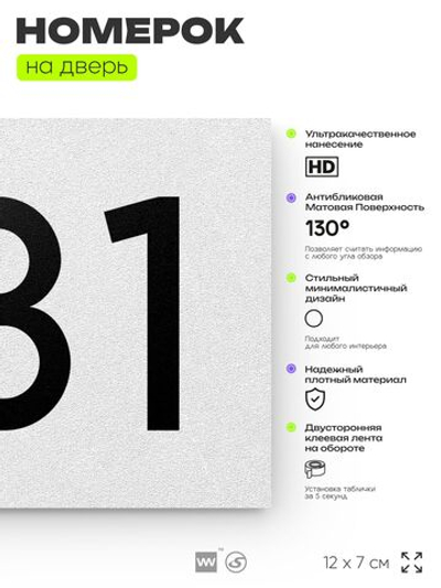 Номер на дверь 781, табличка на дверь для офиса, квартиры, кабинета, аудитории, склада, белая 120х70 мм, Айдентика Технолоджи