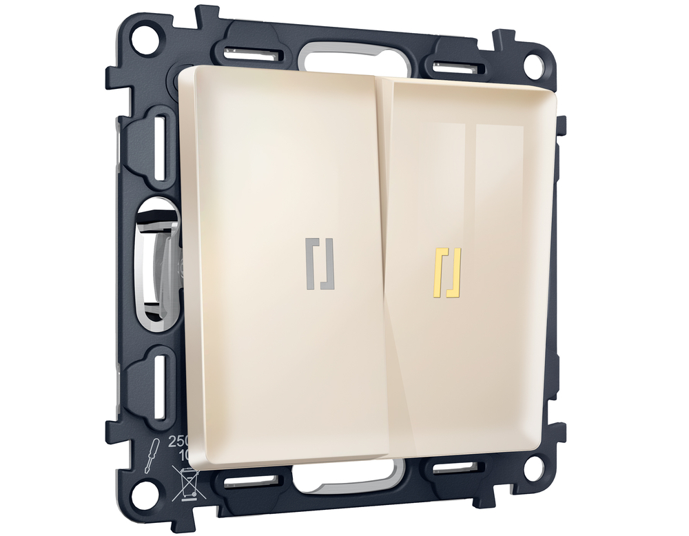 MA304050 Комплект механизма 2-кл выключателя с самовозвратом с подсветкой 3200K ALFA Бежевый глянец QUANT (AP3040, VM129, G11Y)