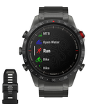 Спортивные часы Garmin MARQ Athlete (Gen 2) Performance Edition, гибридный блочный браслет, силиконовый ремешок цвета «красная плазма» Безель и корпус из титана с DLC-покрытием, AMOLED-дисплей с куполообразным сапфировым стеклом. Блочный браслет из титана