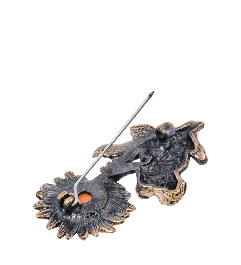 AM- 715 Брошь «Лягушонок на подсолнухе» (латунь, янтарь)