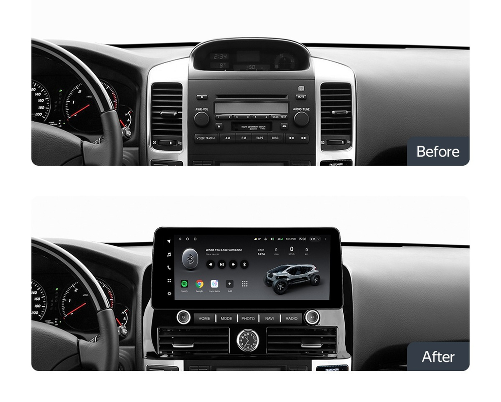 Магнитола для Toyota Land Cruiser Prado 120, Lexus GX470 (экран климата внизу) - Carmedia KP-T1230L-S10 монитор 12.3", Android 12, 4Гб+64Гб, CarPlay, 4G SIM-слот