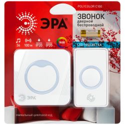 Звонок дверной ЭРА POLYCOLOR C100 беспроводной RGB подсветка белый 36 мелодий | Электрозвонки беспроводные