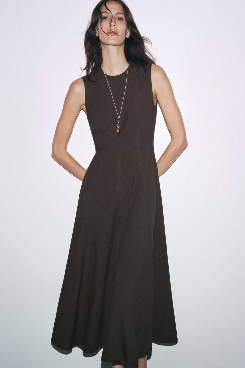 ZARA ПЛАТЬЕ МИДИ В ГОРОШЕК — ZW COLLECTION, КОРИЧНЕВЫЙ