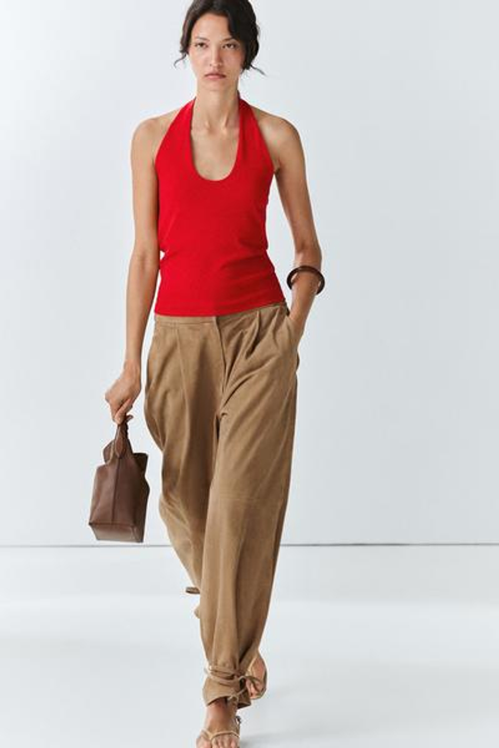 Massimo Dutti Брюки из замшевой кожи с завязками по низу, зеленый