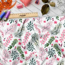 Ткань оксфорд 600 розовые и зелёные листья на бежевом фоне
