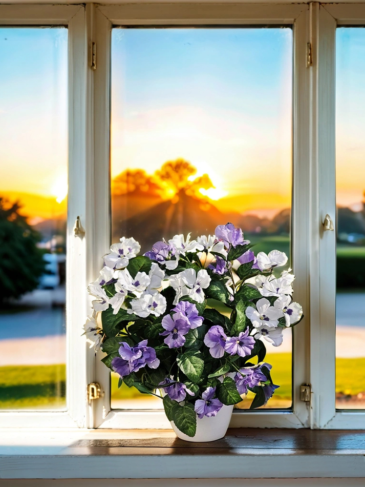 Искусственные цветы Фиалки в белом кашпо