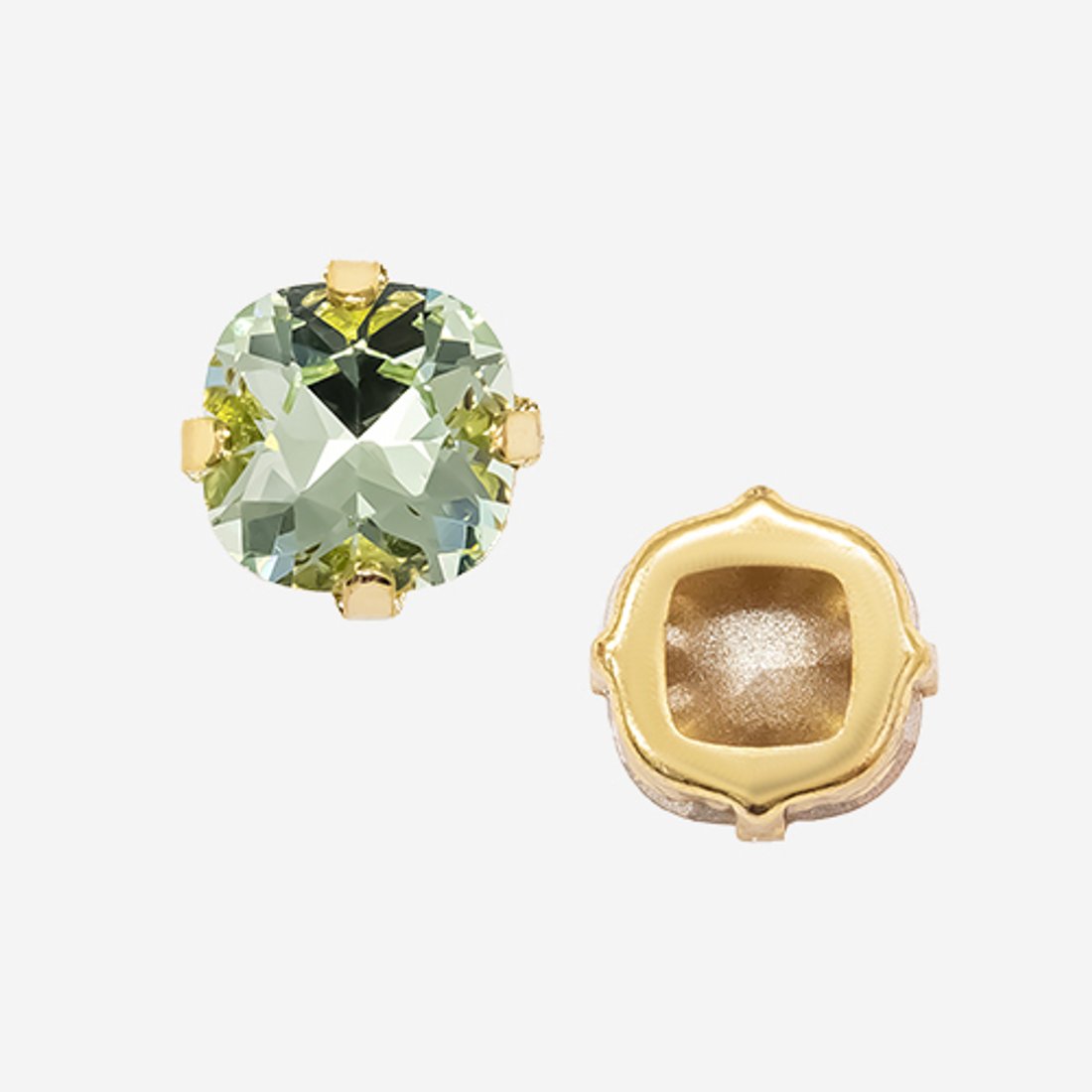 Кристалл Кушон (Сushion) в цапах, оттенок "Chrysolite", 9,2мм, позолота