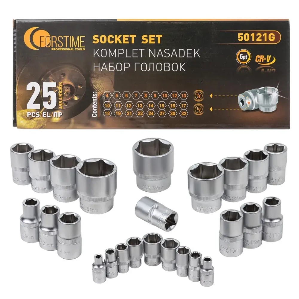 Головки 1/4'', 1/2'', набор 25пр. (6гр.) FORSTIME FT-50121G