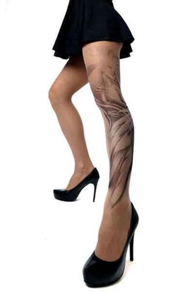 Колготки с принтом в виде девушки в объятьях ангела (Размер: S-M-L) (Цвет: бежевый)