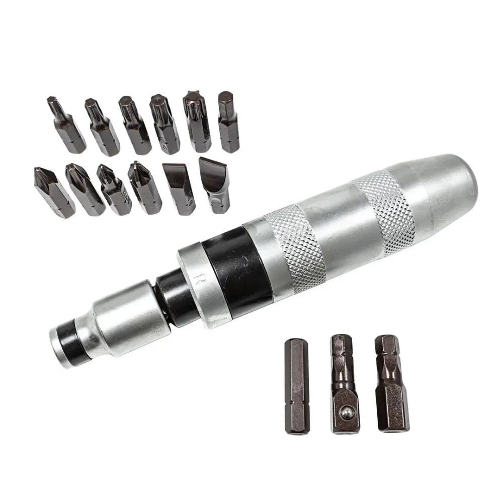 Отвертка ударная с набором бит и адаптерами,17пр.1/2''(F)х5/16''(F) 5/16''(М)x1/2''(М)(PH2,3,PZ2,3,SL9,11мм,Torx 25,30,40,45,50,Hex 6,8,10ммх36мм)в ке FORCEKRAFT FK-5171