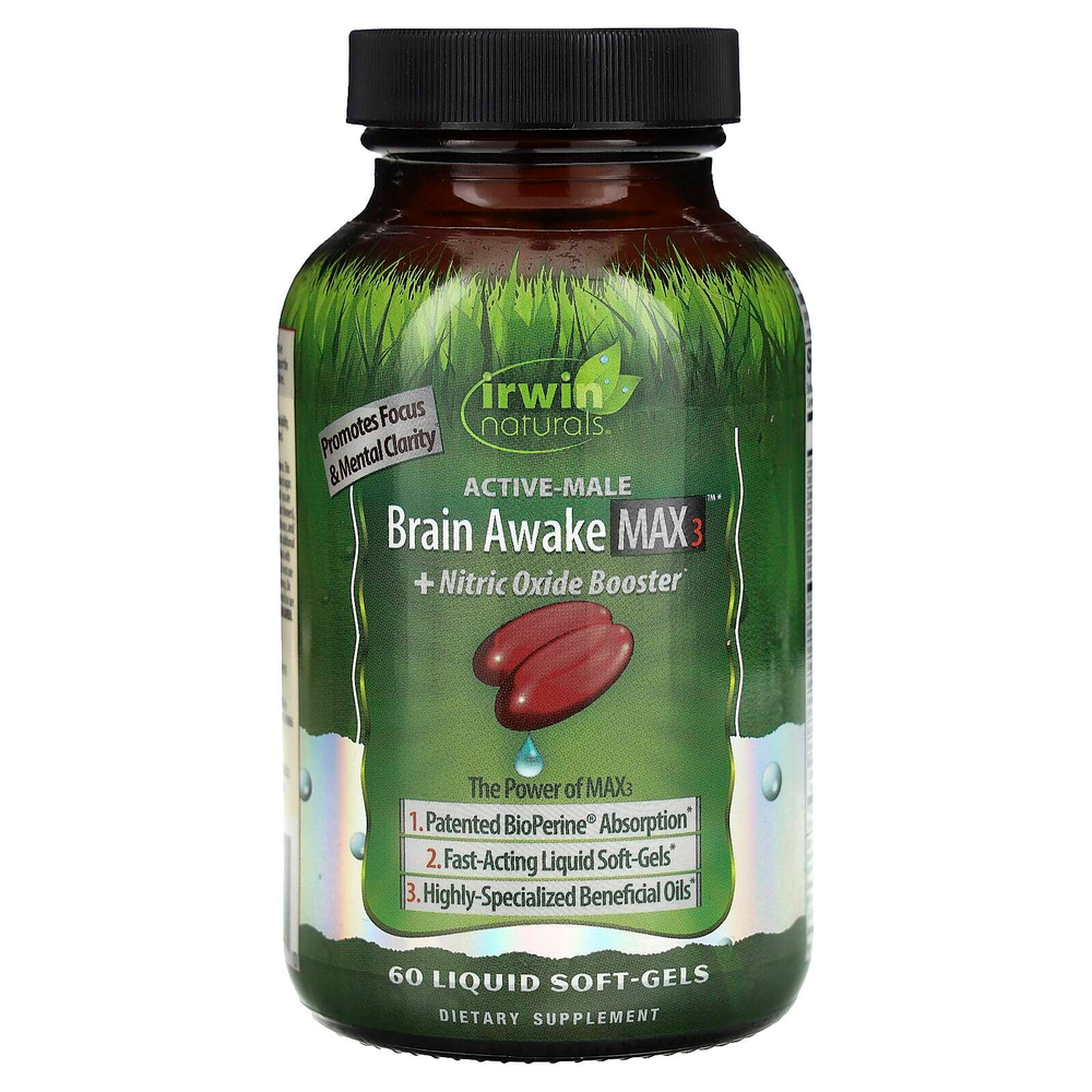 Irwin Naturals, Active-Male, Brain Awake Max 3 с бустером оксида азота, 60 капсул с жидкостью