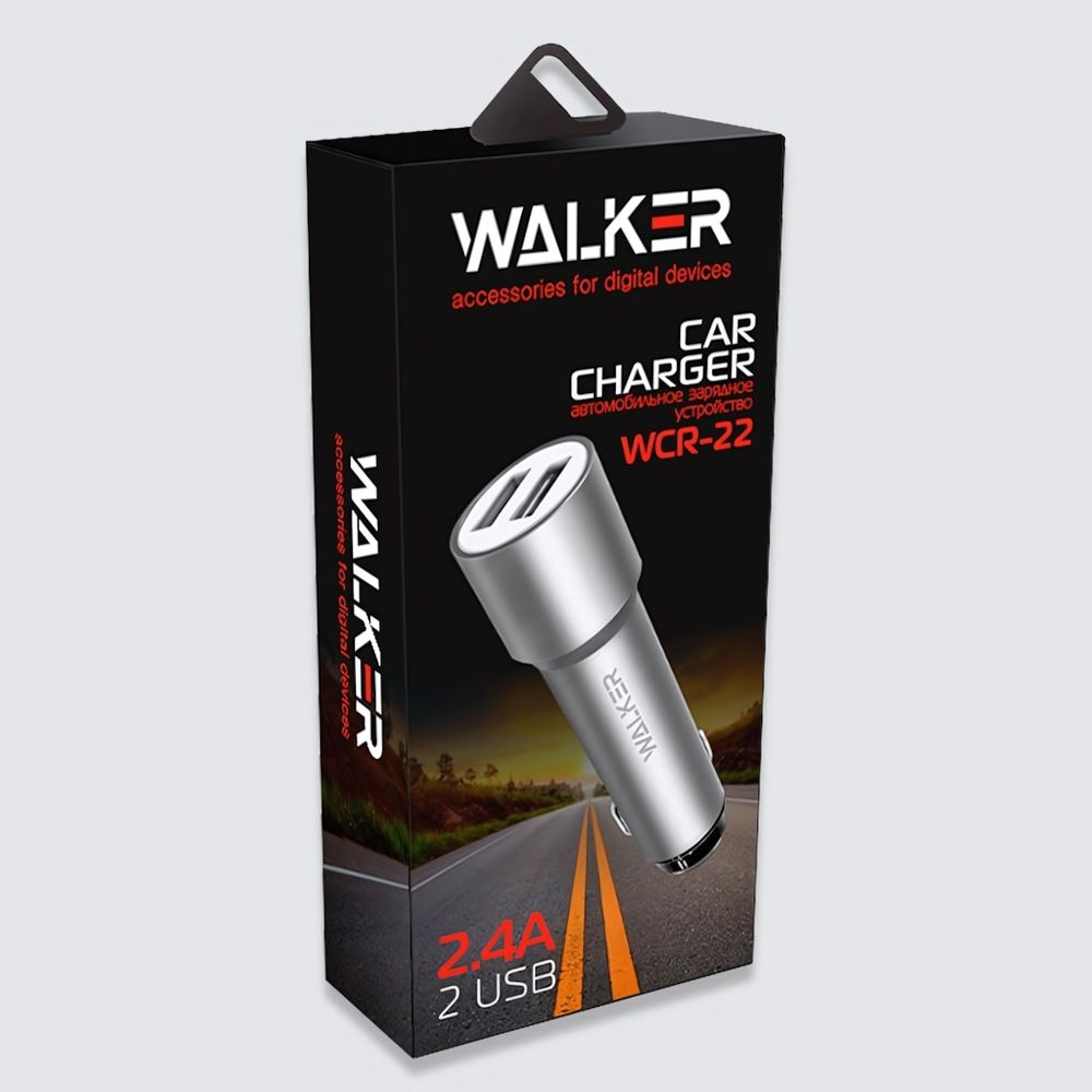 Автомобильное зарядное устройство WALKER WCR-22, 2.4А, 12Вт, USBx2, (удлиненный корпус), серый