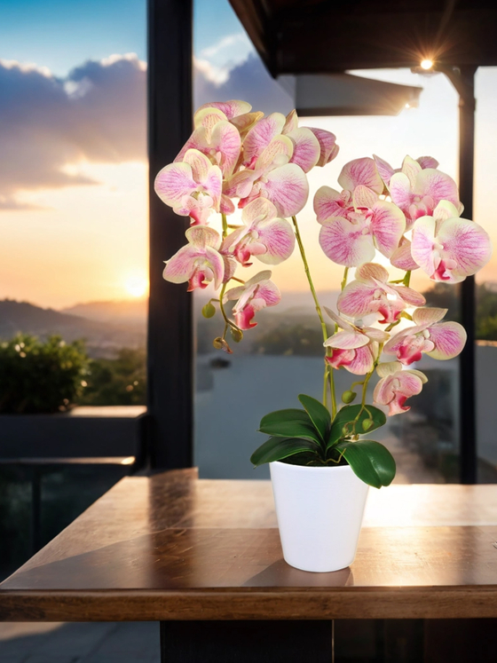 Искусственная Орхидея бежево-лиловая 2 ветки 55 см в кашпо