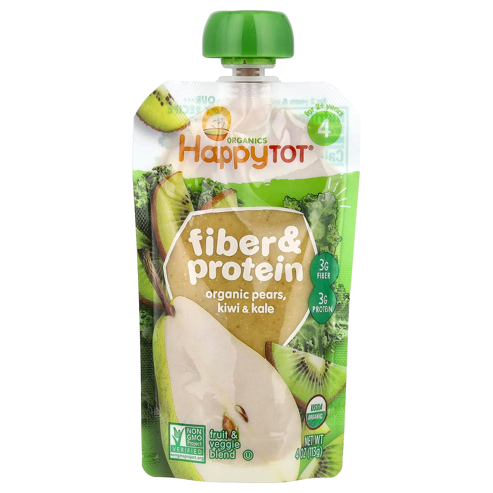 Happy Family Organics, Happy Tot®, клетчатка и протеин, для детей от 2 лет, органические груши, киви и кудрявая капуста, 113 г (4 унции)