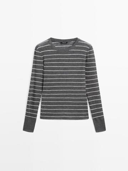 Massimo Dutti Легкая футболка в полоску с длинными рукавами, серый меланж