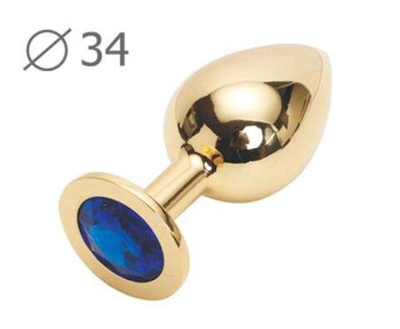 Коническая золотистая анальная втулка с синим кристаллом - 8,2 см. (Цвет: синий)