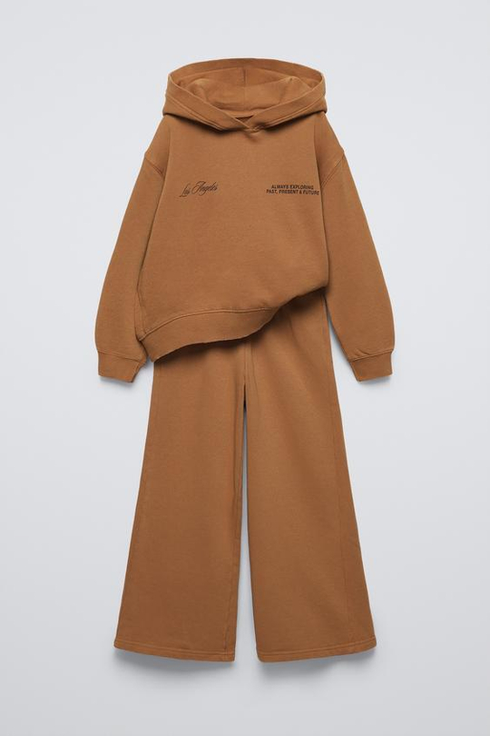 ZARA КОМПЛЕКТ ИЗ ХУДИ И БРЮК WIDE LEG ИЗ МЯГКОЙ ТКАНИ, СВЕТЛО-КОРИЧНЕВЫЙ