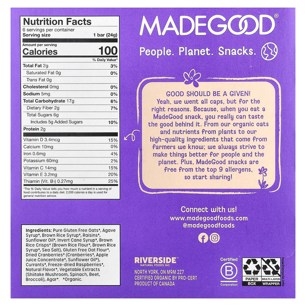 MadeGood, Батончики мюсли, ягодное ассорти, 6 батончиков, по 24 г (0,85 унции)